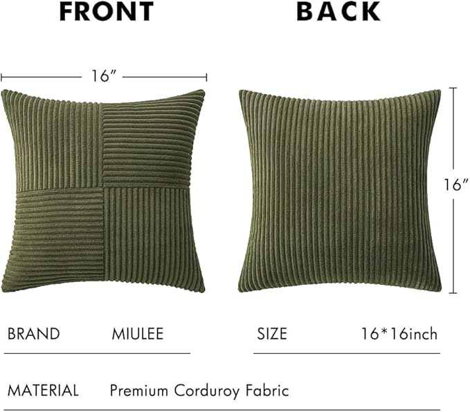 MIULEE Olive Green Corduroy Pillow Covers Pack of 2 Boho Decorative Spliced Throw Pillow Covers Soft Solid Couch Pillowcases Cross Patchwork Textured Cushion Covers for Living Room Bed Sofa 16x16 inch