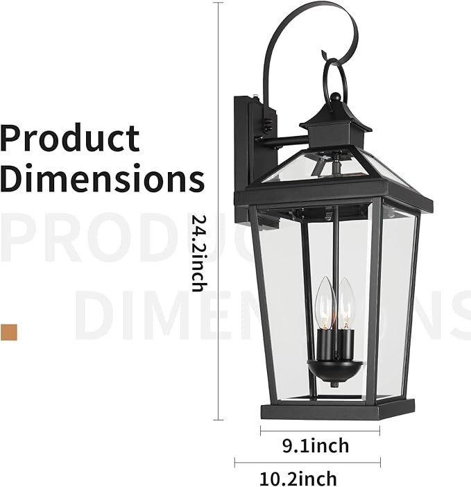JYZ Dusk to Dawn Outdoor Wall Sconce, 24 Inch Waterproof Exterior Wall Lantern with Textured Glass, 2-Light Anti-Rust Classic Porch Light for Front Door Garage Patio Yard JYOWL06-BK-L