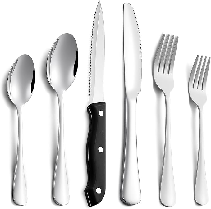 24 Pcs Silverware Set with Steak Knives Service for 4,Stainless Steel Flatware Set,Mirror Polished Cutlery Utensil Set,Home Kitchen Eating Tableware Set,Include Fork Knife Spoon Set (24, Silber)