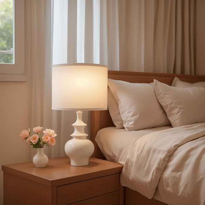 20" Modern Ceramic Table Lamps Set of 2, White Bedroom Lamps for Night Stands, Farmhouse Bedside Lamps for Bedroom Living Room, Small Nightstand Lamps Desk End Table Lamps White