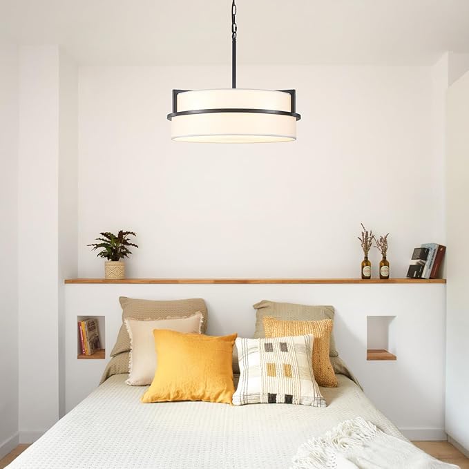19.7" Black Drum Chandelier,5-Lights Large Drum Pendant Light with White Linen Shade Round Modern Chandeliers for Dining Room Bedroom Kitchen Island Over Table Hanging Ceiling Light Fixtures