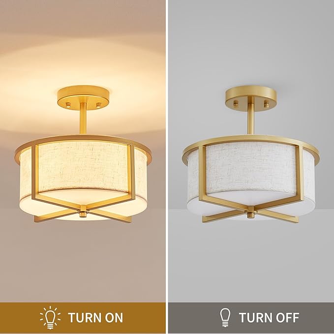 Modern Fabric Drum Chandelier, Semi-Flushmount Close to Ceiling Light Fixture for Living Room, Bedroom, Dining Room, D12 x H9 in, Gold Finish Metal Frame & Linen Fabric Shades