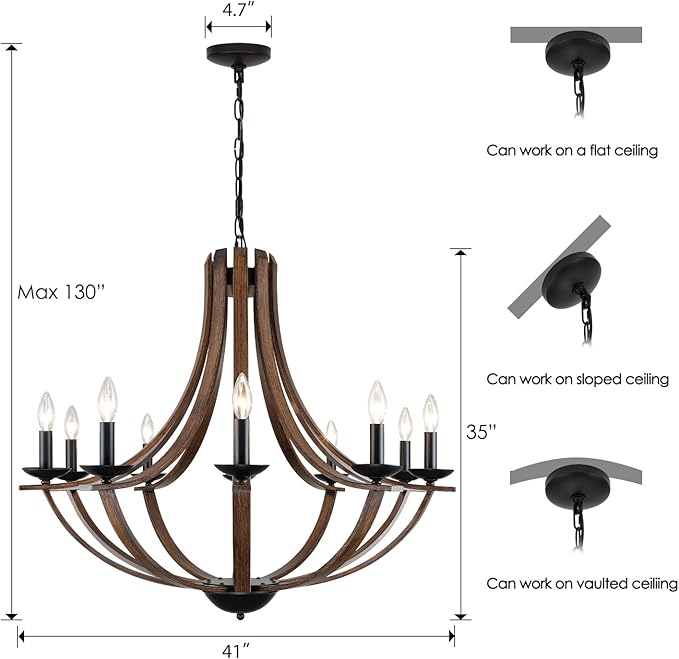 Rustic Chandeliers for Dining Room Light Fixture, 10-Light 35" Adjustable Height Retro Faux Wood Texture Farmhouse Light Fixtures for Living Room Bedroom Foyer Entryway