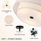 16" Double Drum 3-Light Semi Flush Mount Ceiling Light, Classic Fabric Linen Shade Design for Living Room, Bedroom, Kitchen, Dining Room, Hallway and Entryway