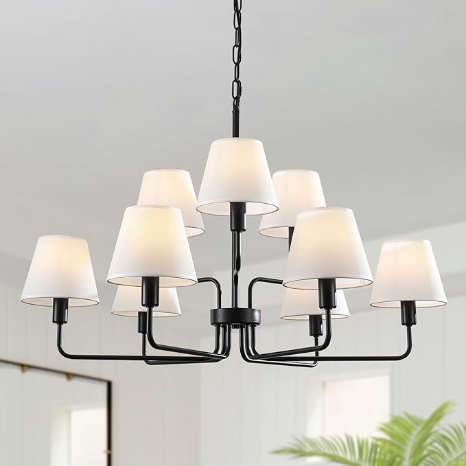 Black Chandeliers for Dining Room with White Fabric Shades,33”Light Fixture Chandelier,9-Lights foyer chandeliers for high ceilings,2 Tiered Lantern Farmhouse Pendant Light for Living Room,Entryway
