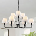 Black Chandeliers for Dining Room with White Fabric Shades,33”Light Fixture Chandelier,9-Lights foyer chandeliers for high ceilings,2 Tiered Lantern Farmhouse Pendant Light for Living Room,Entryway
