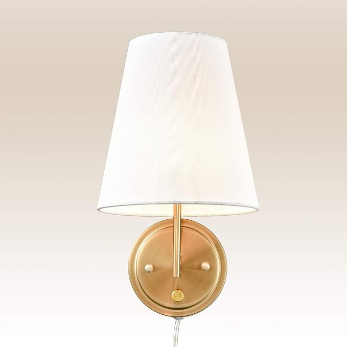 Bedroom Bedside Wall Lamps Set of 2 Gold Brass Plug in Wall Sconce Fabric Shade for Living Room