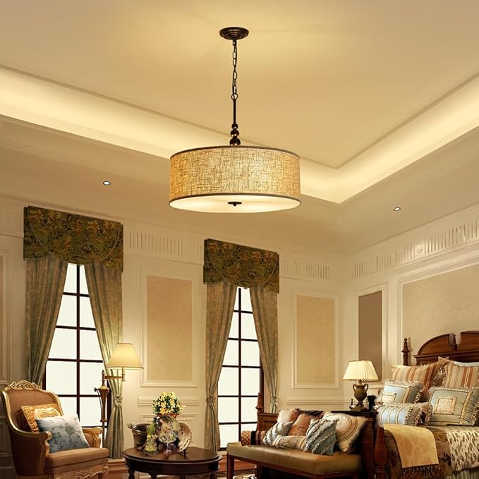 Shrine Lighting Drum Chandeliers, Farmhouse Style, Perfect Drum Pendant Light for Dining Room, D21'' x H8'', Adjustable Chains 59'', E26*3 Sockets, Beige Linen Fabric Lampshade & Black Rod