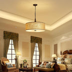 Shrine Lighting Drum Chandeliers, Farmhouse Style, Perfect Drum Pendant Light for Dining Room, D21'' x H8'', Adjustable Chains 59'', E26*3 Sockets, Beige Linen Fabric Lampshade & Black Rod