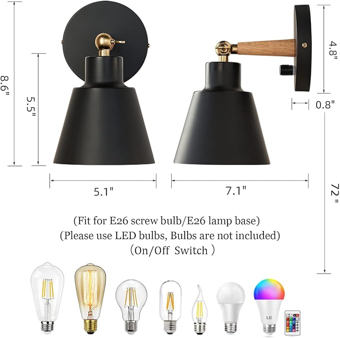 ClanKin Wall Sconces Lighting Fixture Set of 2, Bedside Wall Mounted Reading Lamp with On-Off Switch for Industrial Bedroom, Bathroom Hallway Living Room(2Pack-Black with Swtich)