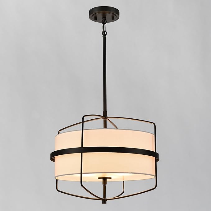 DAYCENT Modern Black Pendant Lights Kitchen Island 3-Light Drum Shade Pendant Light Fixtures 16" H Farmhouse Matte Black Pendant Light with Fabric Shade, Adjustable Height