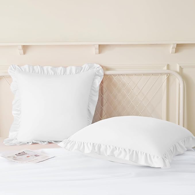 KKJIAF Ruffle Pillow Cases 26x26 Inches, White Square Ruffled Pillow Covers Set of 2, Microfiber Wrinkle Resistant Pillow Shams with Envelope Closure for Sofa Bed Living Room