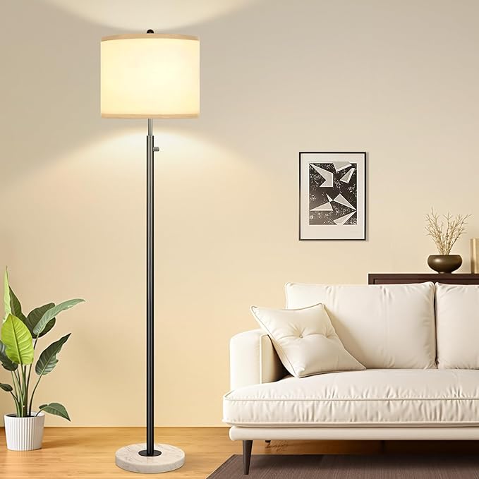Nintiue Dimmable Floor Lamp for Living Room, 11W LED Bulb Included, Modern Standing Lamp with Marble Base, Tall Pole Light with White Linen Shade for Bedroom Reading Office Corner Nursery-Black