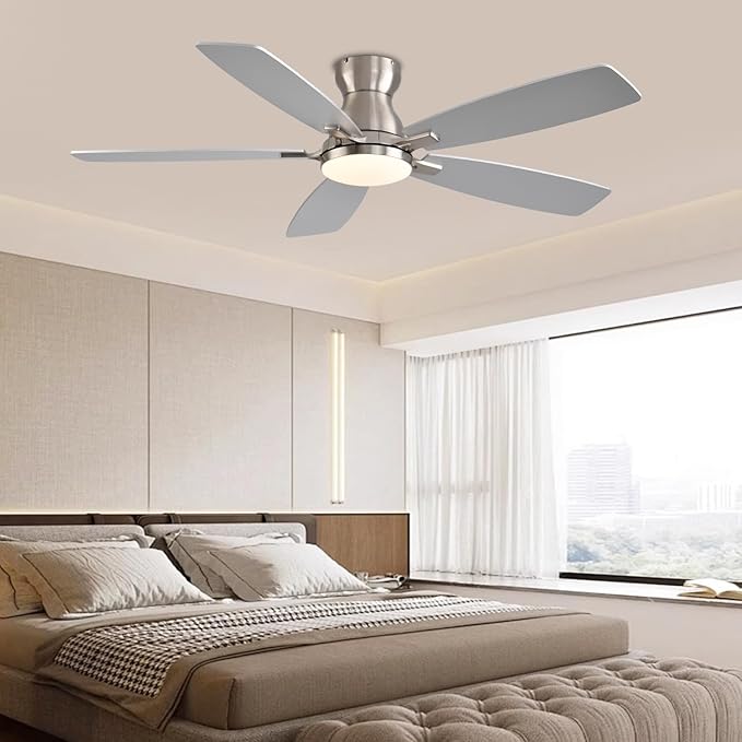 52inch Flush Mount Ceiling Fans with Lights and Remote Control/APP Control, DC Reversible Motor, Noiseless, Dimmable, Low Profile Nickel Ceiling Fan for Bedroom Indoor/Outdoor Use