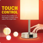 Yarra-Decor Bedside Lamp with USB Port - Touch Control Table Lamp for Bedroom 3 Way Dimmable Nightstand Lamp with Round White Fabric Shade for Living Room, Dorm, Home Office (LED Bulb Included)