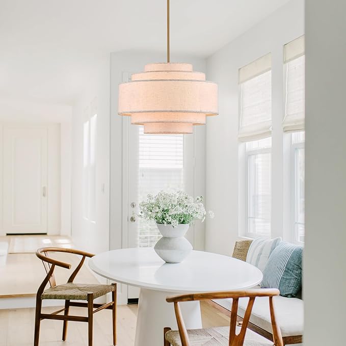 Modern 19.7" Drum Chandelier 4-Lights Vintage Modern Chandelier Light Fixture with Linen Shade Retro Farmhouse Drum Chandeliers for Dining Room, Kitchen Island, Living Room, Bedroom