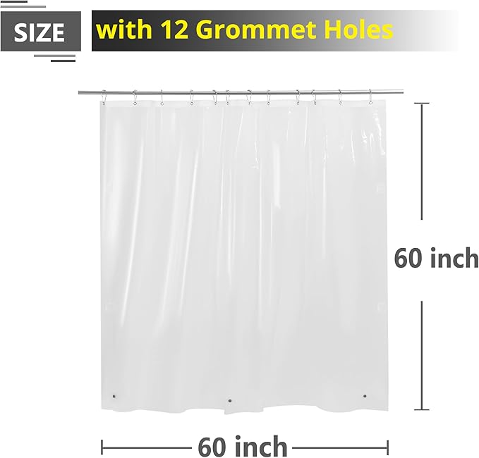 Short Clear Shower Curtain Liner 60x60, 12 Grommet Holes Plastic Shower Curtain 60 Inch Length with Magnets, Clear, 60x60