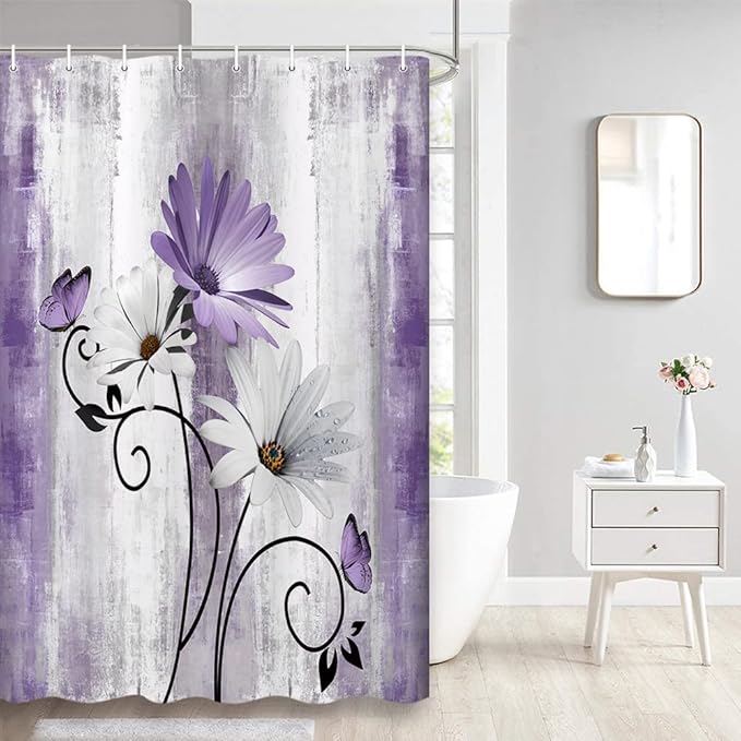 Rustic Farmhouse Shower Curtain, Farm Teal Daisy Floral Flowers and Butterfly on Country Wooden Shower Curtain for Bathroom, Turquoise Blue Bathroom Shower Curtains with 6PCS Hooks, 36X70IN