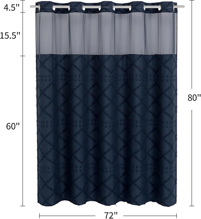 No Hooks Boho Navy Woven Fabric Shower Curtain with 72 x 80 Modern Farmhouse, Tufted Chevron Striped Shabby Chic Textured, Minimalist Hookless Shower Curtains for Bathroom, Hotel Decor