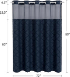 No Hooks Boho Navy Woven Fabric Shower Curtain with 72 x 80 Modern Farmhouse, Tufted Chevron Striped Shabby Chic Textured, Minimalist Hookless Shower Curtains for Bathroom, Hotel Decor