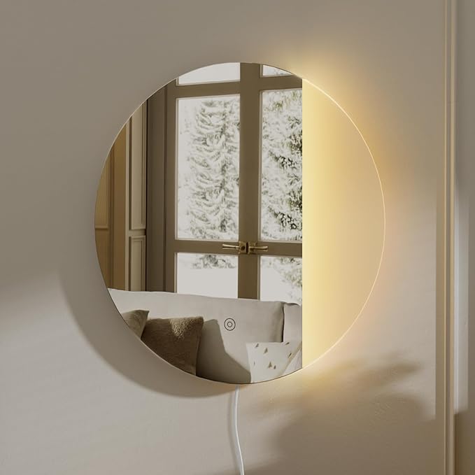 ONEWISH LED Wall Sconce, Dimmable Mirror Wall Lamp,16.93 inch Round Wall Lights for Bedroom with Memory Function, Wall Lamps for Living Room Entryway, Silver