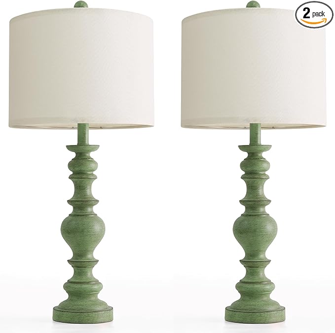 BOBOMOMO 27" Sage Green Table Lamps Set of 2, Large Farmhouse Resin Lamps with Linen Shades, Green Vintage Lamps for Living Room, Bedroom, or Entryway, Rustic Elegant Home Décor