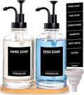Dish Soap Dispenser for Kitchen, Hand Glass Soap Dispenser Set with Pump, Tray, Funnel for Bathroom, Shower, Laundry, Liquid, Lotion (Black 2 Pack 18 Oz Clear Bottles with 12 Stickers)