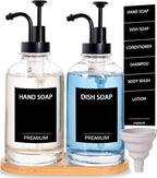 Dish Soap Dispenser for Kitchen, Hand Glass Soap Dispenser Set with Pump, Tray, Funnel for Bathroom, Shower, Laundry, Liquid, Lotion (Black 2 Pack 18 Oz Clear Bottles with 12 Stickers)