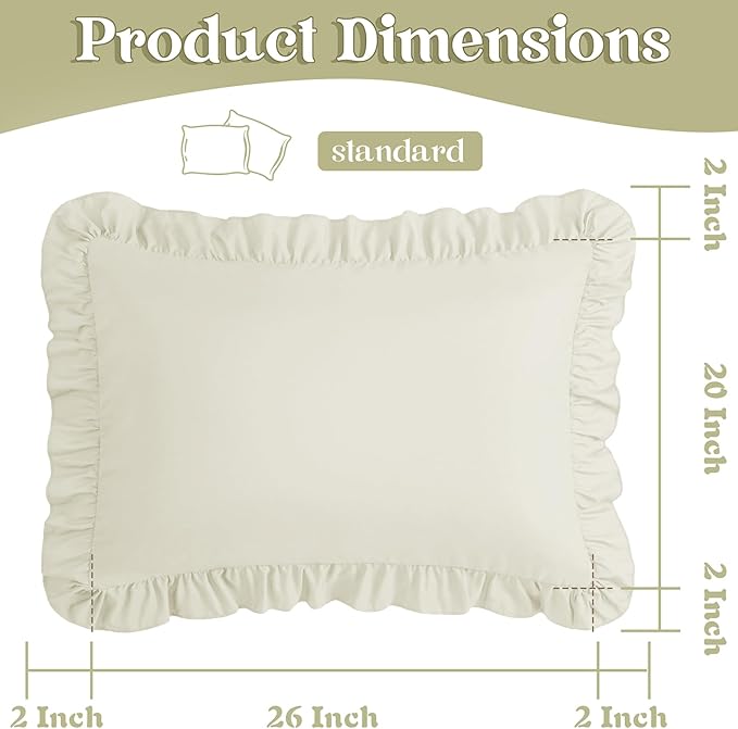 KKJIAF Ruffle Pillow Cases Standard Size Set of 2, Ruffled Pillow Covers with Envelope Closure, Wrinkle Resistant Ruffled Pillow Shams 20" x 26", Beige