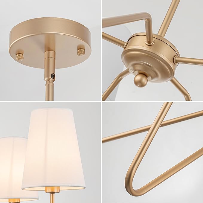 Brass Gold Chandeliers for Dining Room, 5-Light Modern Pendant Light Fixture Over Table with White Shade Farmhouse Lighting Fixtures for Living Room Bedroom Hallway Height Adjustable