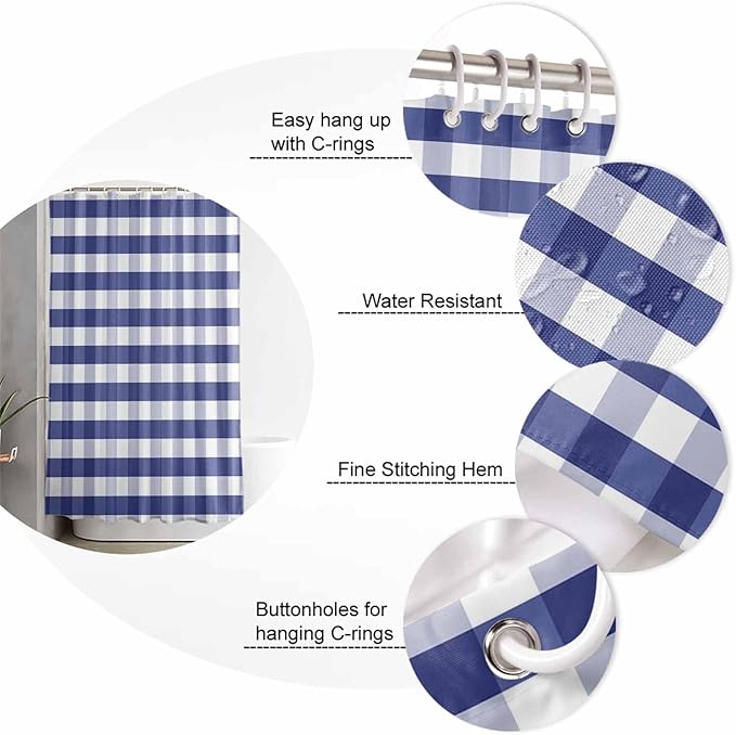 Rustic Navy Blue White Buffalo Check Plaid Pattern Shower Curtain, Farmhouse Shower Curtains Set with Hooks, Waterproof Fabric Bathroom Curtains Decor Home Accessories,72 X 84 Inch Extra Long