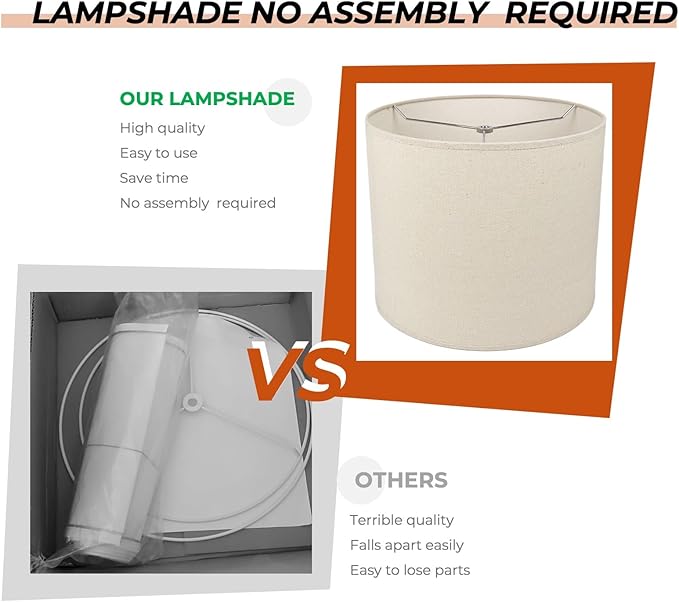 12" Wx 10" H Drum Lampshades, No Assembly Required, Fabric Lampshade for Table Lamp, Bedside Lamp, Floor Lamp, Metal Spider Fitter, Beige