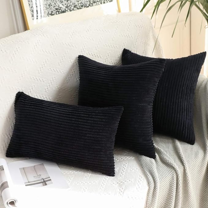 MIULEE Winter Pack of 2 Corduroy Pillow Covers Soft Soild Striped Throw Pillow Covers Set Decorative Square Cushion Cases Pillowcases for Cushion Couch Sofa Bedroom Living Room 16 x 16 Inch Black