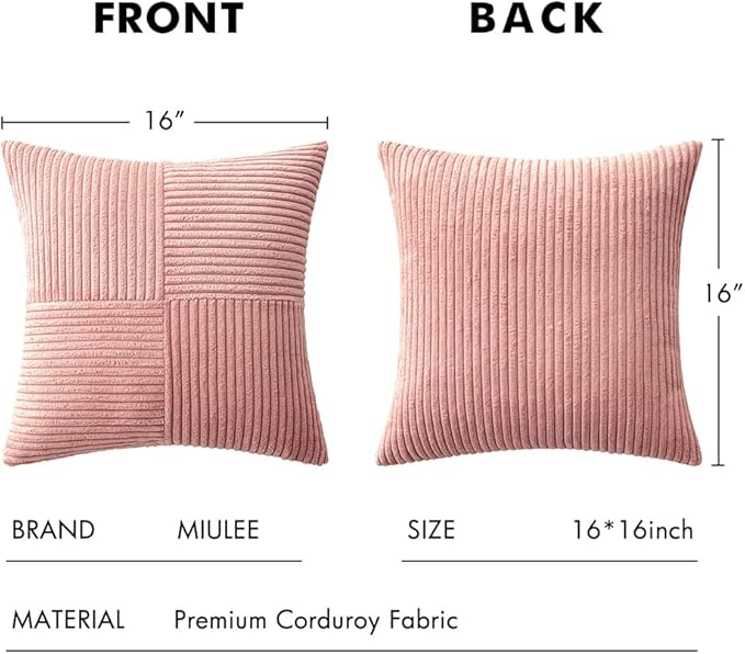 MIULEE Blush Pink Corduroy Pillow Covers Pack of 2 Boho Decorative Spliced Throw Pillow Covers Soft Solid Couch Pillowcases Patchwork Cushion Covers for Living Room Bed Sofa 16x16 inch Valentines Day
