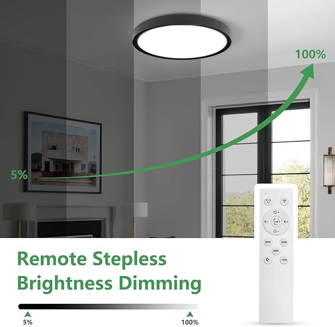 20 Inch Large LED Flush Mount Ceiling Light with Remote,40W,4350LM,3000K-6000K Selectable,Black Round Flat Panel Low Profile Ceiling Light Fixture for Kitchen,Bedroom,Hallway,Bathroom
