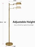 VONLUCE Dimmable LED Floor Lamp, 56" Floor Lamp for Living Room with Adjustable Height Swing Arms 3 Color Temperatures, Industrial Standing Pole Lamp for Bedroom Reading, Antique Brass