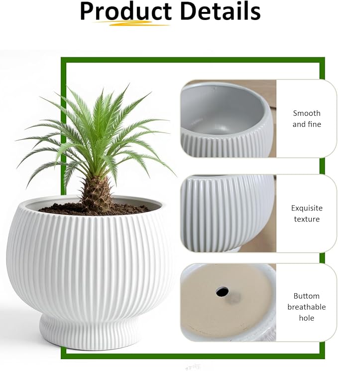 OXART 9.4 Inch Plant Pots, Ceramic Planters for Indoor Plants, Outdoor Flower Pots for Plants with Drainage Holes, Decorative Pot for Flowers & Herbs, No Trays, White