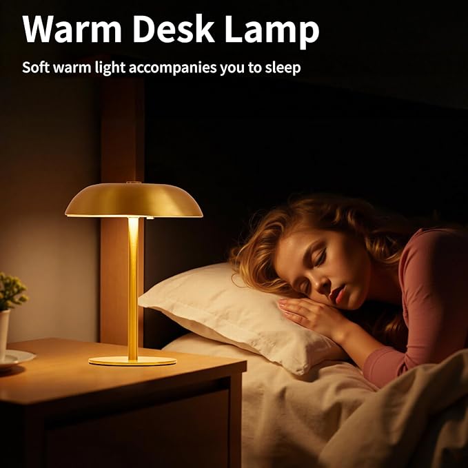 Cordless Mushroom Table Lamp, 2500mAH Rechargeable Battery Operated Lamp with 3 Color Stepless Dimming, Portable Touch Bedside Lamps for Bedroom, Nightstand, Patio, Office, Party, Bar, Gold