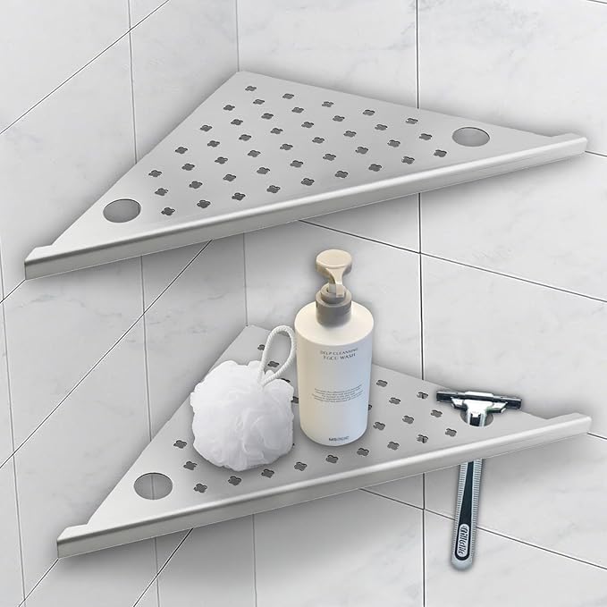 Corner Shower Shelves 2-Pcs, 10” Rustproof 304 Stainless Steel Shower Corner Shelf with Razor Holder, No Drilling Bathroom Shower Shelf for Tiled Wall (Brushed Silvery Style 2)