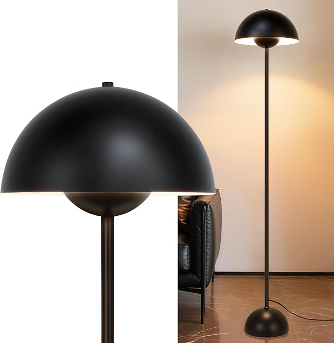 Black Floor Lamp for Living Room, 66'' Industrial Standing Lamp with Unique Metal Shade&Base Reflecting Light Tall Retro Lamp for Bedroom, Black