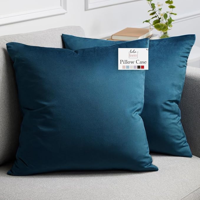 lalaLOOM Velvet Throw Pillow Covers, Set of 2, 20x20 Decorative Square Pillows Home Decor, Soft Accent Cases, Silky Machine Washable Pillowcases for Sofa, Couch, Bedroom, Living Room, Peacock