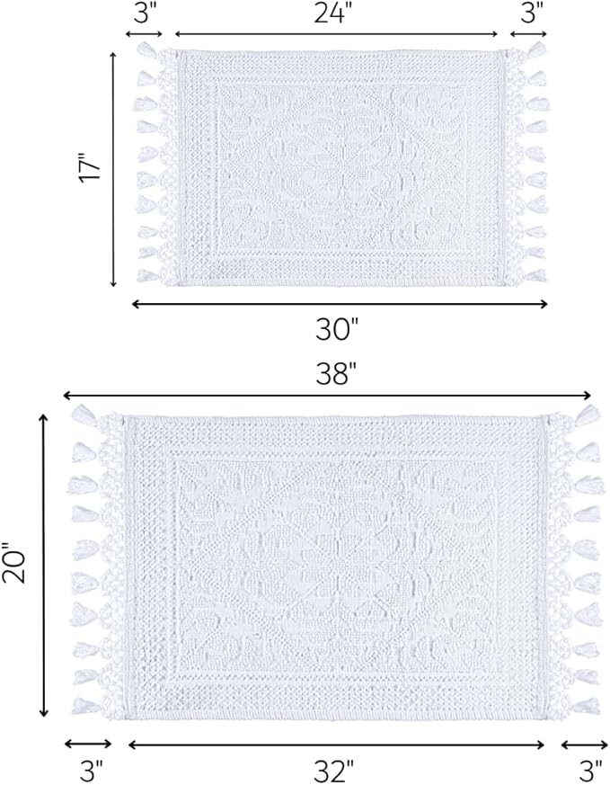Savi Home Cotton Woven Jacquard Bathroom Rug Set of 2, Woven Fringe Bathroom Mats, 100% Cotton, Non - Slip Bath Mat, Durable Thick Bath Mat 17”x30”& 20"x38" with Fringes, White