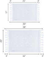 Savi Home Cotton Woven Jacquard Bathroom Rug Set of 2, Woven Fringe Bathroom Mats, 100% Cotton, Non - Slip Bath Mat, Durable Thick Bath Mat 17”x30”& 20"x38" with Fringes, White
