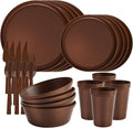 20 Piece Stackable Dinnerware Set for Small Kitchens, Modern Minimalist Plates & Flat Bottom Bowls (Pasta/Salad), Unbreakable & Microwave Safe, Brown