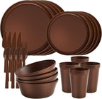 20 Piece Stackable Dinnerware Set for Small Kitchens, Modern Minimalist Plates & Flat Bottom Bowls (Pasta/Salad), Unbreakable & Microwave Safe, Brown