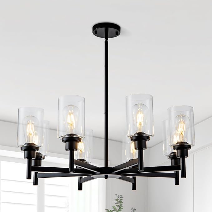 8 Light Black Chandeliers for Dining Room Light fixtures Over Table Modern Farmhouse Chandelier Industrial Hanging Pendant Lighting for Living Room Foyer Kitchen Table with Glass Shade