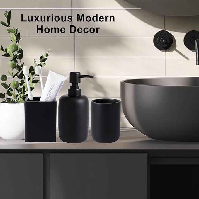Resin Matte Black Bathroom Accessories Set of 5, Lotion Soap Dispenser, Bathroom Organizer Accessory, Toothbrush Holder, Self Draining Soap Dish and Bathroom Tumbler for Modern Home Decor
