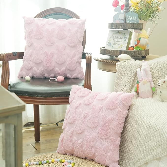 GEEORY Easter Bunny Soft Plush Pillow Covers, 16 x 16 Inch Set of 2, Fluffy Faux Fur Wool Decorative Farmhouse Cushion Case for Sofa Home Decoration Pink GC015-16