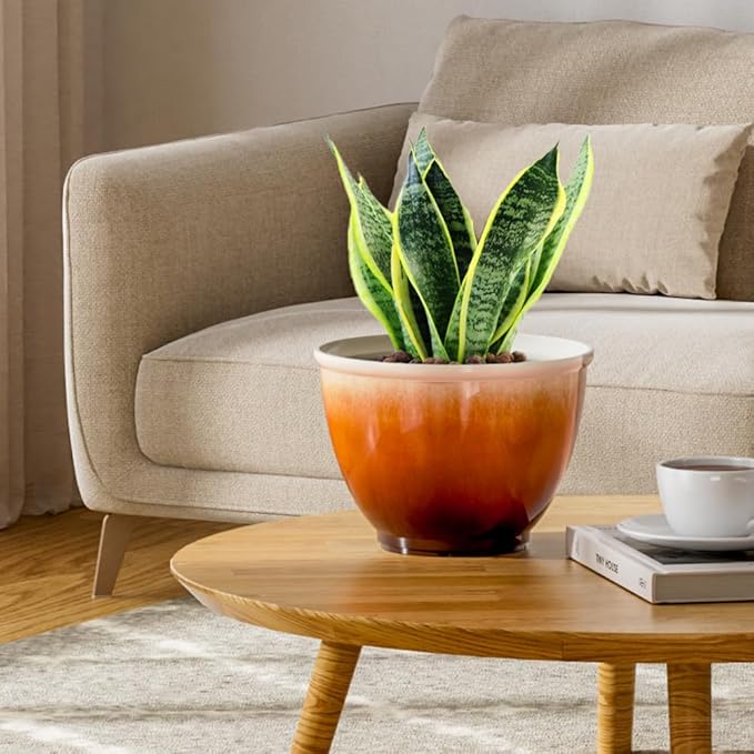 8 Inch Plastic Plant Pots, Set of 4 Flower Pots Planters with Drainage Hole, Glossy Smooth Finish Planter for Indoor Outdoor Succulent Snake Plants(Orange)