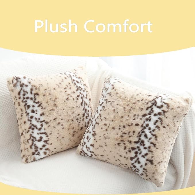 Throw Pillows Covers 22x22, Flully Animal Fur Pillow Cover Snow Leopard Cheetah Print Decorative Accent Cushion Covers Pillowcases for Couch Sofa Bedroom Living Room, Beige